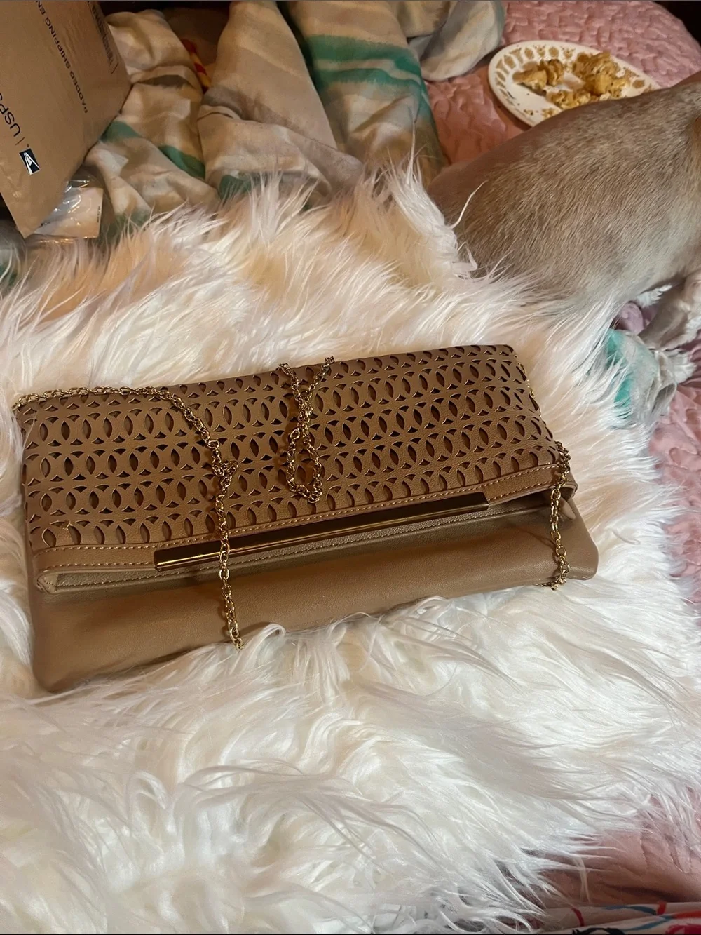 Tan Laser-Cut Foldover Clutch with Gold Chain